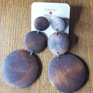 DARK BROWN WOOD THREE PART DISK EARRINGS